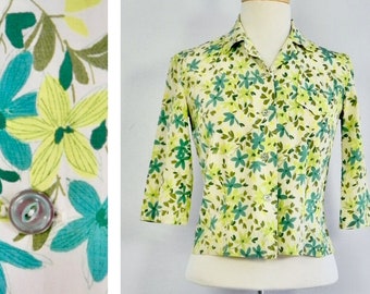 Vintage 50er Jahre Top Viskose oder Seide Grün Print Bluse Sm