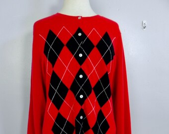 Vintage Cashmere Cardigan , Red Argyle Sweater Pinup Sweater 2XL