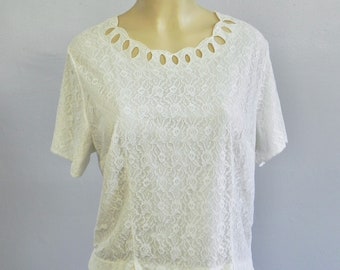 Vintage Lace 40s Top, 50s White Lace Blouse , LG XL