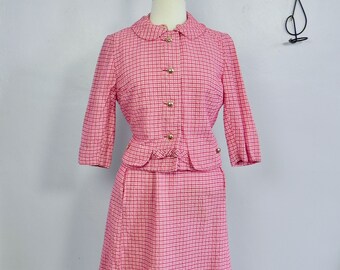 Vintage 50s Red Gingham Dress and Jacket Set , SeerSucker Summer Suit Med