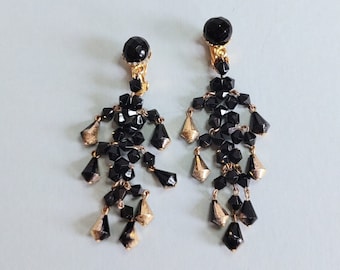 Vintage 50s Jet Glass Chandelier Earrings