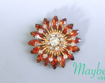 BROOKRAFT New York Signed Rose Gold Plated Sterling Silver Art Deco Brooch Aqua Blue Faceted Stone Colored Rhinestones Vintage 1930s-1940s