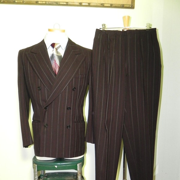 Vintage 40s Suit Double Breasted Pinstripe Drop Loop Pleat Trousers WOW - on sale