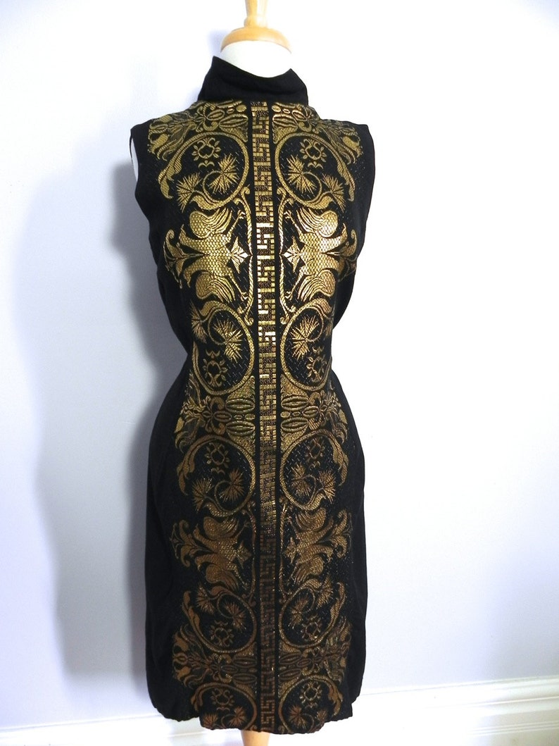 Vintage Gold Embroiderd Black Linen Dress with Matching Shawl Wrap Med Lg