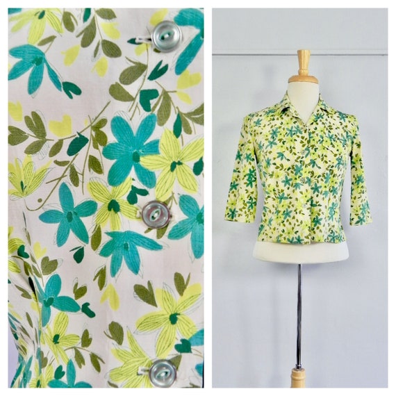 Vintage 50s Top Rayon or Silk Green Print Blouse … - image 1