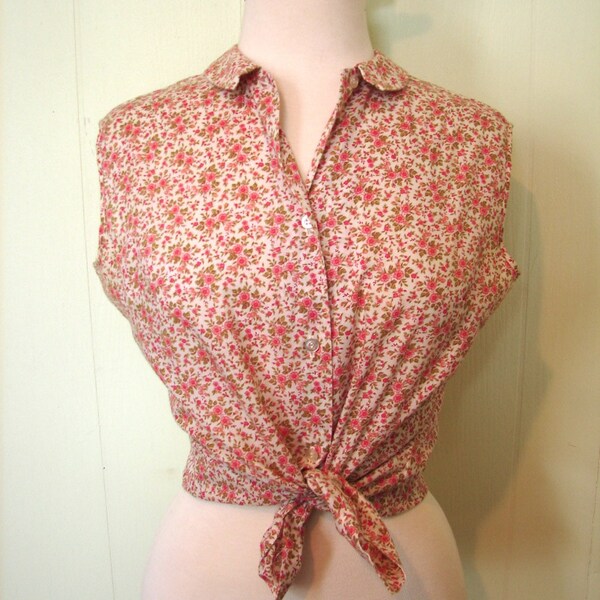 Vintage 60s Pink Floral Sleeveless Top L