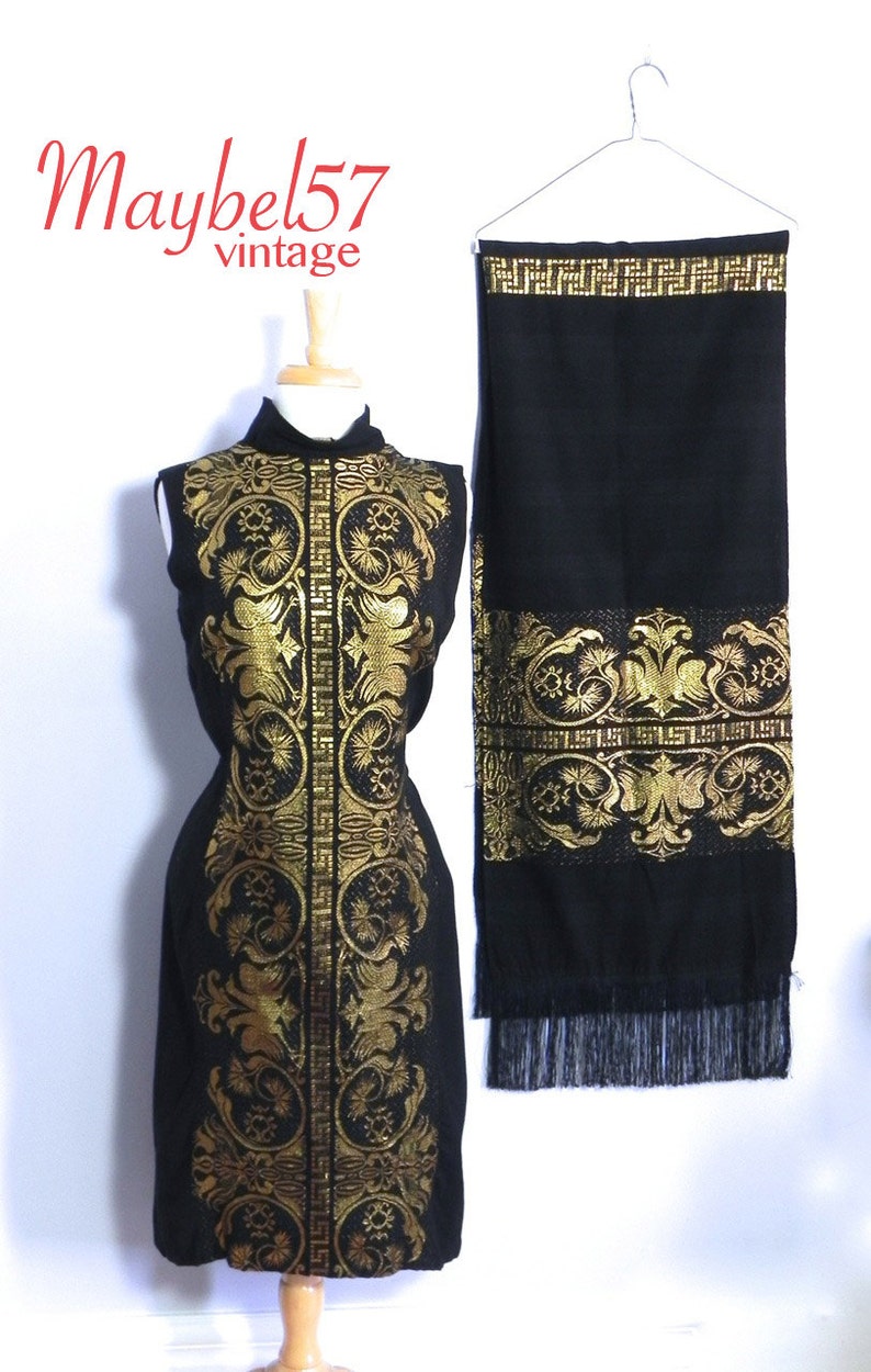 Vintage Gold Embroiderd Black Linen Dress with Matching Shawl Wrap Med Lg