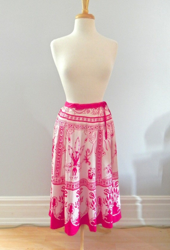 Vintage Pink Skirt - 50s style Ethnic Print Sm - image 1