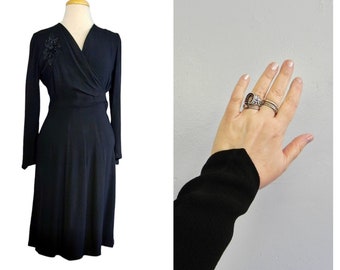 Vintage 40s Black Crepe cocktail dress , Beaded Femme Fatal Original