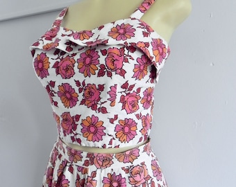 Vintage 40s 50s Crop Top and Full Skirt Set Rose Print sm