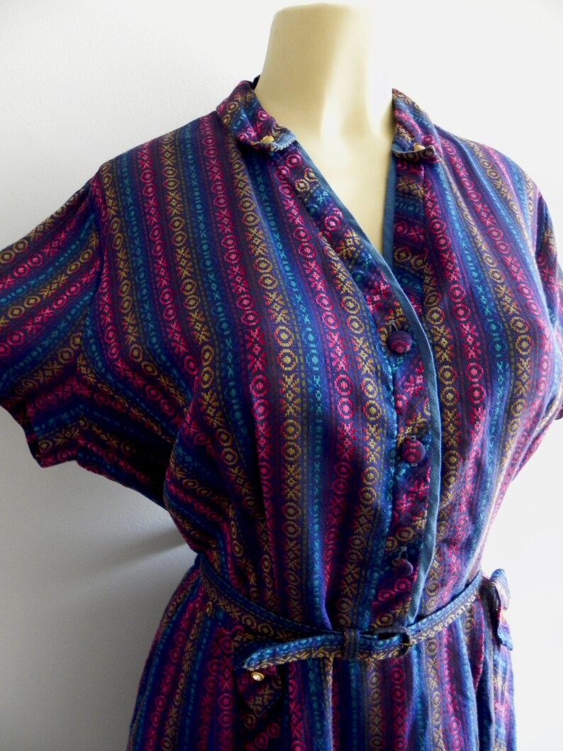 Vintage Plus Size Dress 40s 50s Dress Dark Rainbow Stitched Stripes Dress Rhinestone Buttons Lg XL