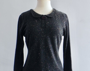 Vintage 50s style Sweater Top, Cute Collar Top Black with Confetti Fleck M Lg XL