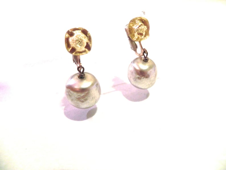 Vintage Earrings 40s 50s Gold Glass Bead and Pearl Drop Earrings on sale