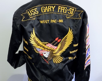 Vintage Black Satin Tour Jacket with Embroidered Eagle