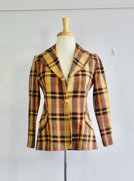 Vintage Plaid Jacket Women's Tartan Blazer Med Nev