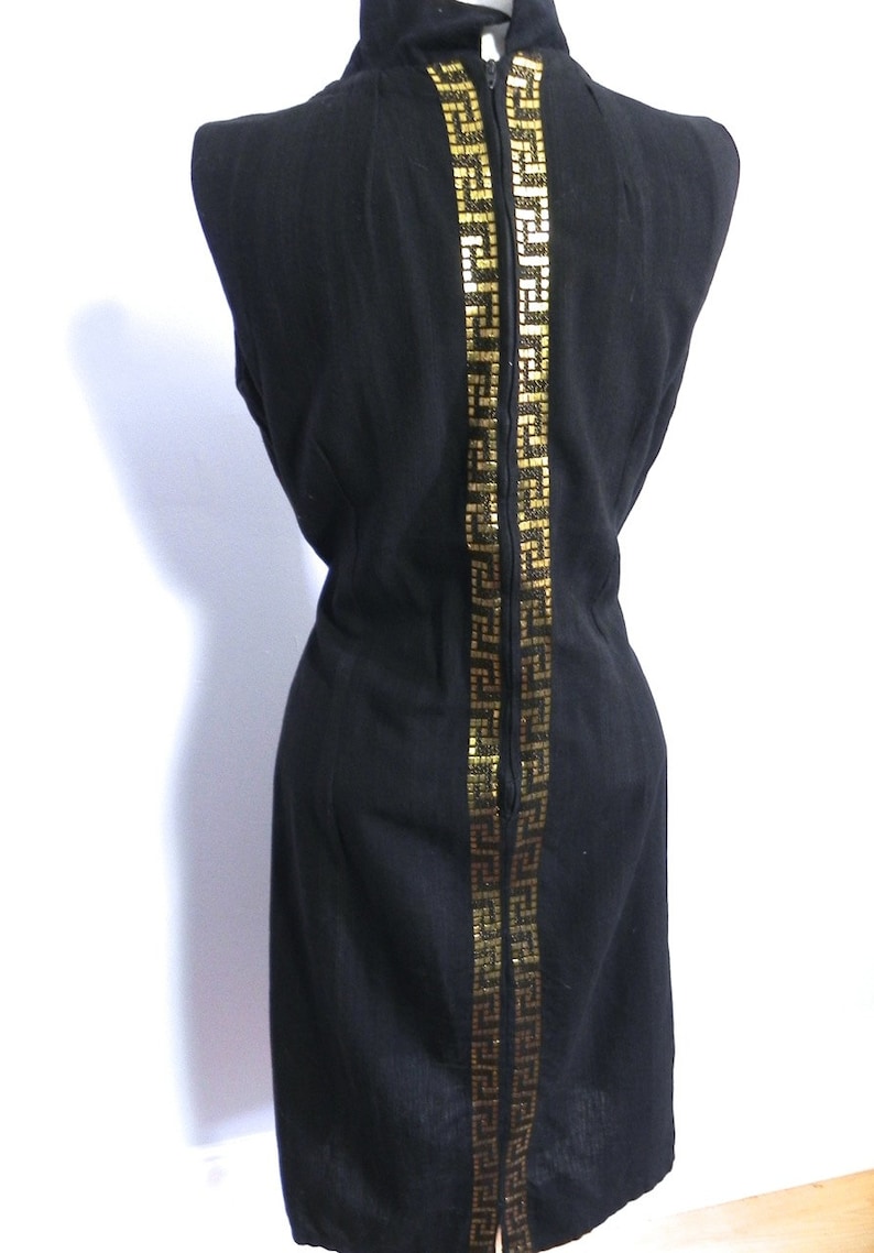 Vintage Gold Embroiderd Black Linen Dress with Matching Shawl Wrap Med Lg