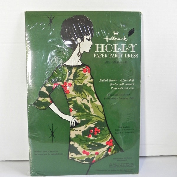 Vintage años 1960 Navidad papel vestido, lindo 60s Mod Mini con Holly impresión NIP nunca usar Sm