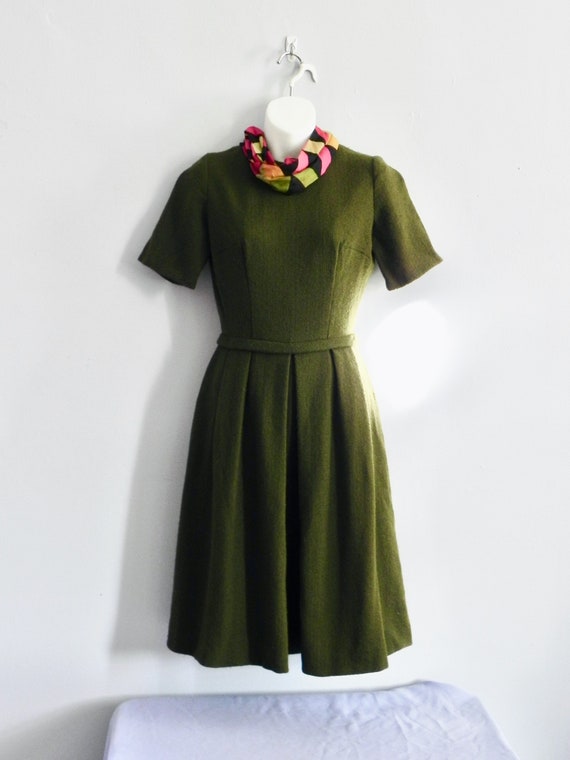 Vintage 60s Avocado Green Dress Wool Dress with Fu