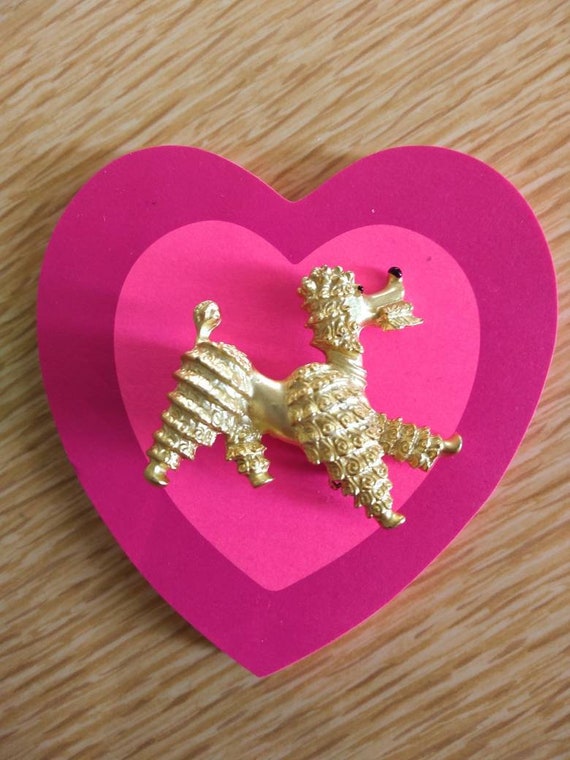 Vintage Prancing Poodle 60s Brooch , 1950s Gold Po