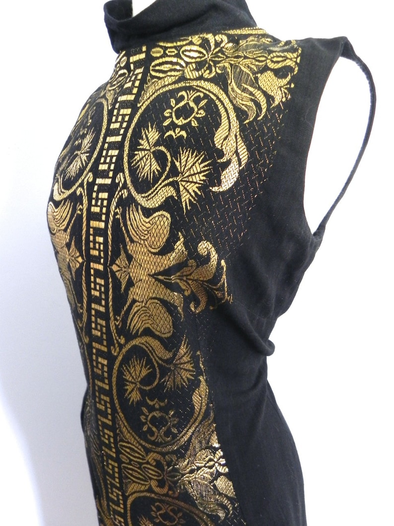 Vintage Gold Embroiderd Black Linen Dress with Matching Shawl Wrap Med Lg