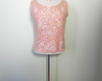 Vintage 50s Top Pink Glamour Girl Top Encrusted with Beads and Sequins M LG