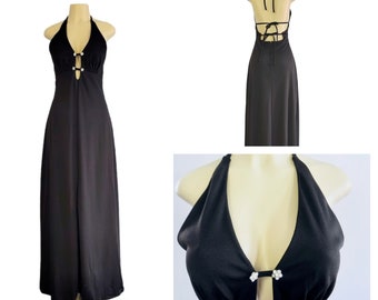 Vintage 70er Maxi Kleid, Sexy Schwarzes Neckholder Abendkleid mit tiefem Ausschnitt Neu mit Etikett
