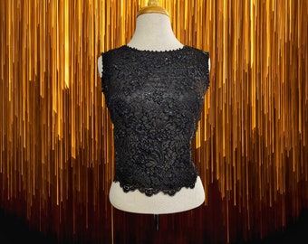 Vintage 50s Top Black Lace Glamour Girl Top ,  Encrusted with Beads M