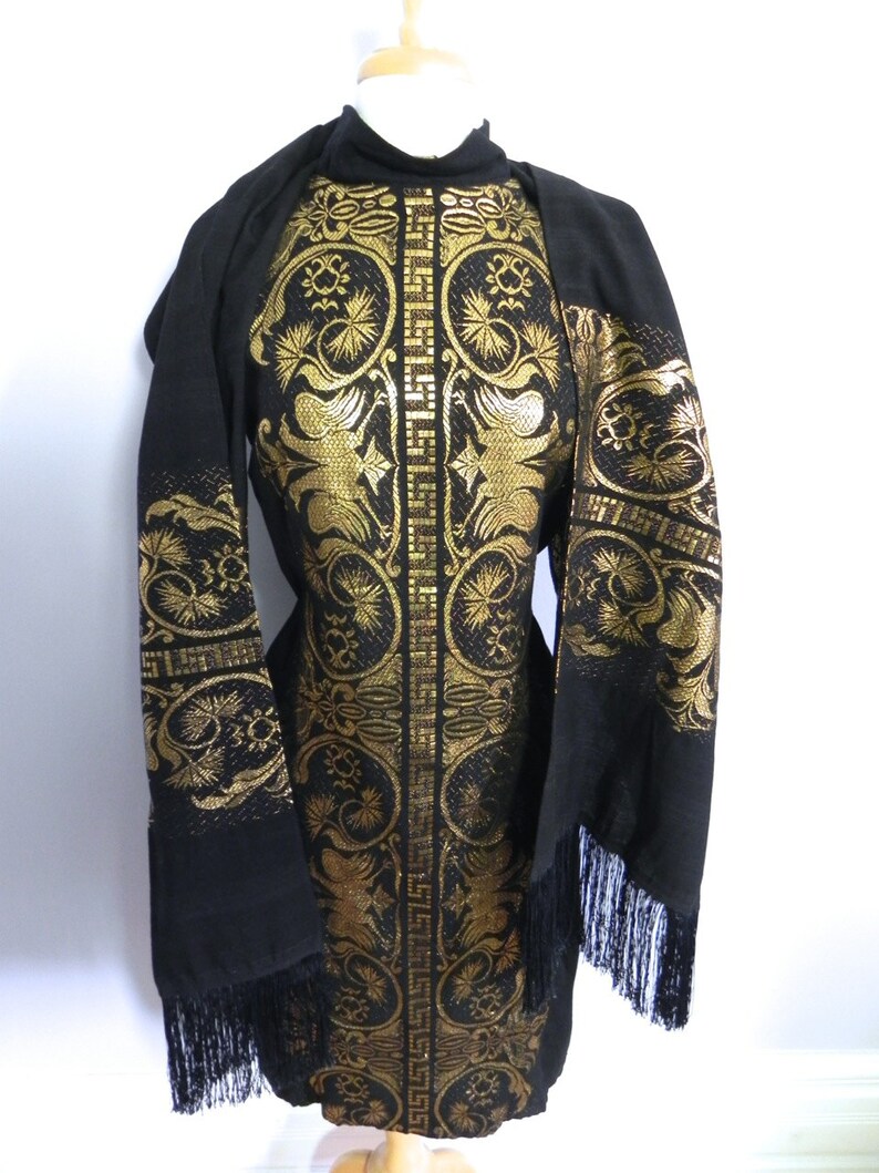 Vintage Gold Embroiderd Black Linen Dress with Matching Shawl Wrap Med Lg