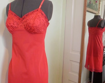 Vintage 50s Red Slip , Lipstick Red Lace Slip Nightdress Sm