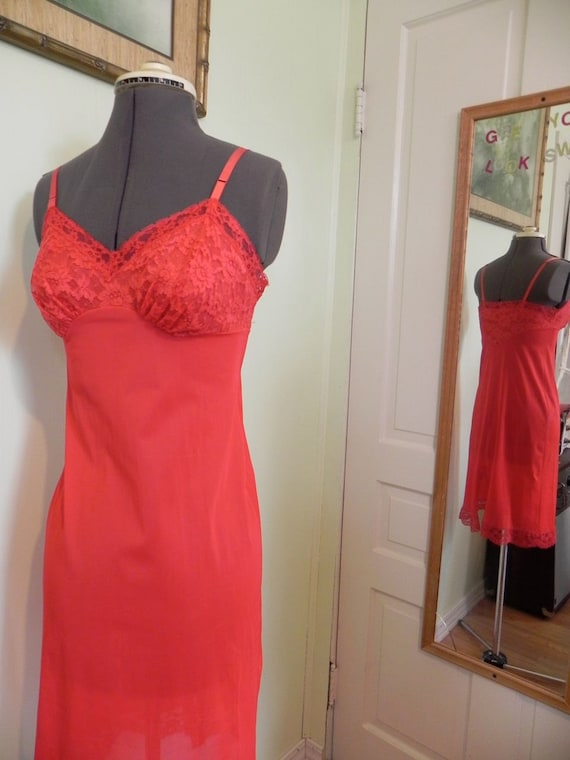 Vintage 50s Red Slip , Lipstick Red Lace Slip Nigh