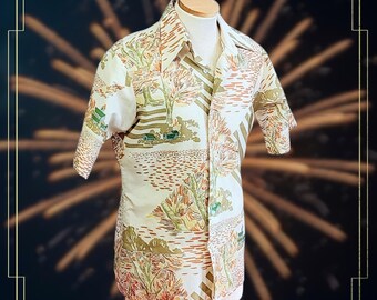 Vintage 70s Men's Shangtung Picture Shirt M