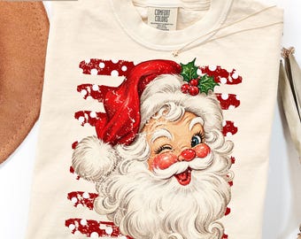 Vintage Winking Striped Santa Graphic Tee, Retro Christmas Shirt, Funny Santa Claus Top, Holiday Party Tees, Christmas Gifts, Festive Winter