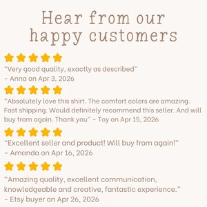 May include: Cream-colored graphic with the text "Hear from our happy customers" in brown. Below are customer reviews with gold star ratings, including quotes like "Very good quality, exactly as described."