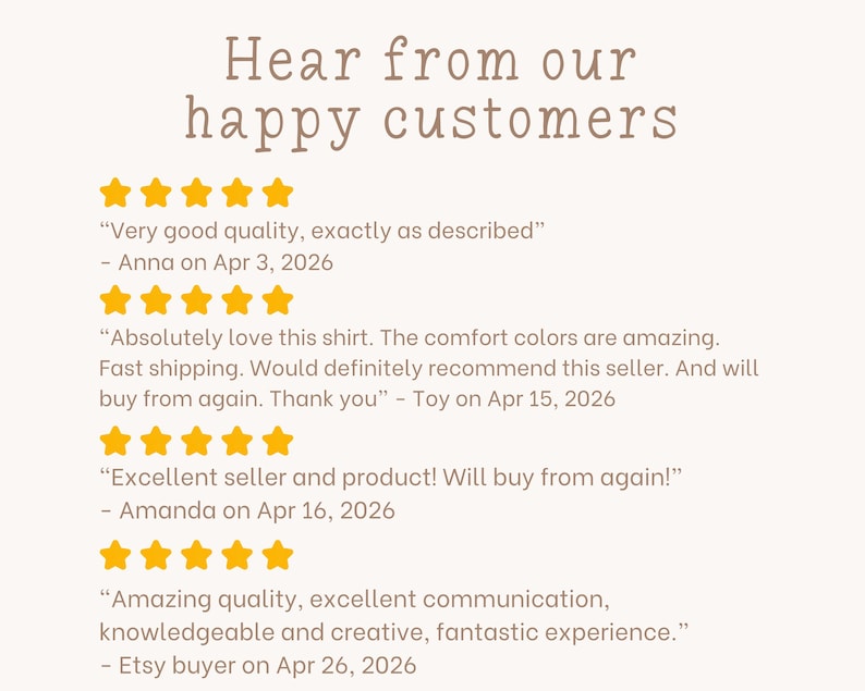 May include: Cream-colored graphic with the text "Hear from our happy customers" in brown. Below are customer reviews with gold star ratings, including quotes like "Very good quality, exactly as described."
