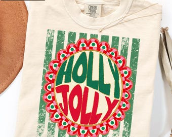 Holly Jolly Christmas Striped Graphic Tee, Preppy Holiday Top, Festive Xmas Shirt, Christmas Party Tees, Merry Xmas Gift, Holiday Season Tee