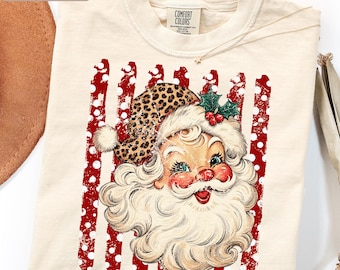 Leopard Vintage Santa Striped Graphic Tee, Retro Christmas Shirt, Classic Santa Holiday Apparel, Christmas Party Top, Festive Winter Gift