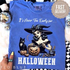 Vintage Halloween Comfort Colors TShirt, It&#39;s Never Too Early For Halloween Tee Shirts, Vintage Halloween Black Cat Shirts, Summerween Shirt