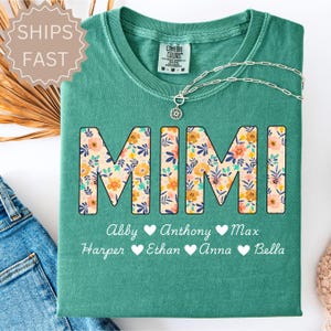 Maglietta Mimi personalizzata con nomi dei nipoti, maglietta floreale Mimi, regali Mimi, maglietta per la festa della mamma, maglietta personalizzata con nomi per bambini e nonna, maglietta Mimi