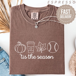 Comfort Colors Shirt, Womens Fall Shirt, Tis the Season Women t shirts, Cute Autumn Graphic Tee Shirts, Cozy Pumpkin Spice Baseball Tshirt