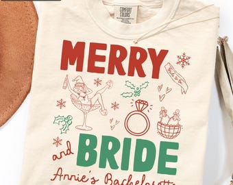 Custom Merry and Bride Christmas Graphic Tee, Christmas Bride Outfit, Personalized Holiday Wedding Apparel, Festive Bridal Gift, Newlywed