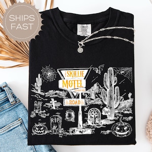 Comfort Colors Tshirt Skellie Motel Funny Halloween Tee Shirts Funny Skeleton Womens Tee Humor Vintage Fall Shirt Trendy Halloween Gifts