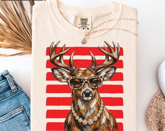 Christmas Striped Deer Shirt, Retro Vintage Holiday Outfit, Festive Christmas Apparel, Woodland Christmas Gift, Winter Deer Top, Merry Xmas