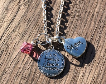 Mom Necklace - A Family's Love is Forever - Choose any Swarovski Birthstone Color - Great gift for Mom, Family Necklace