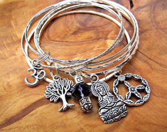 PEACE Buddha Bangle Bracelet Set with Buddha, Tree of Life, Om, Peace Sign, Amethyst Dangle, Zen, Yoga Jewelry, Buddhism, Spiritual,Namaste