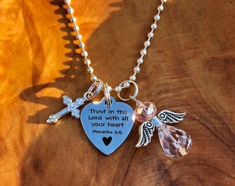 Trust in the Lord with all Your Heart with Angel, Cross - Keychain, Car Dangle, Bracelet or Necklace - Choose Angel Color, Faith, Cross