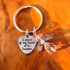 Memorial Gift - A Piece of My Heart is in Heaven with Angel - Key Chain or Car Dangle - Choose any Crystal Angel, Condolence, Sympathy