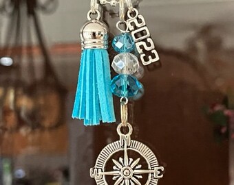 Graduation Gift - Class of 2023 -  Keychain or Car dangle - Compass with Tassel  - Choose any crystal and tassel color- Great gift!