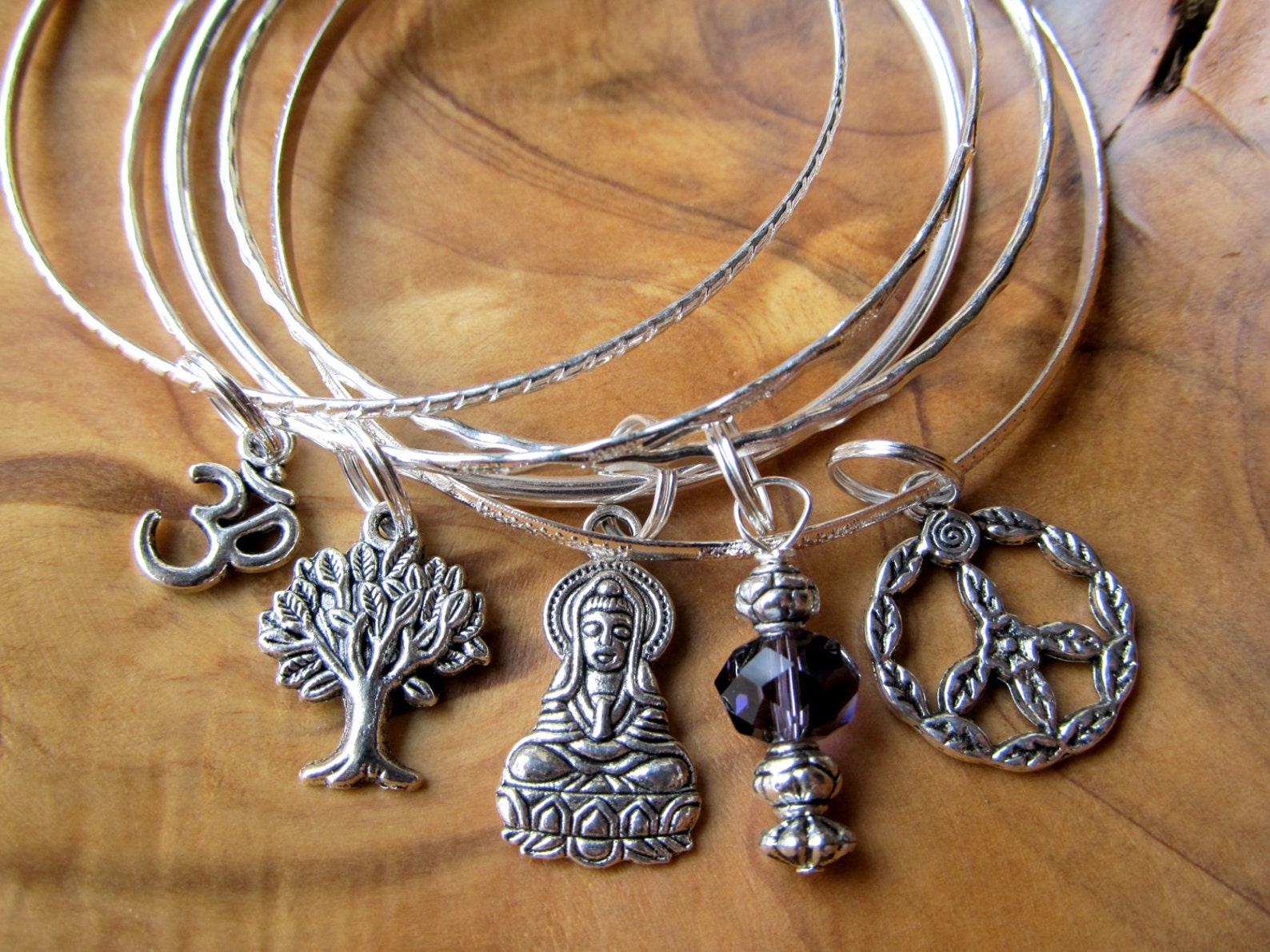 PEACE Buddha Bangle Bracelet Set With Buddha, Tree of Life, Om, Peace ...
