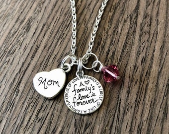 Mother's Day - Mom Necklace - A Family's Love is Forever - Choose any Swarovski Birthstone Color