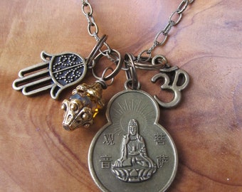 Buddha Quan-Yin Coin Charm Necklace- Goddess of Compassion with Om, Hamsa and Topaz Beaded Dangle, Namaste, Zen, Buddhism, Yoga Jewelry